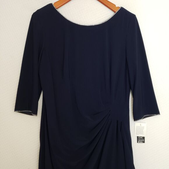 NWT-Alex Evenings Rhinestone Embellished Bateau‎ Navy Jersey Dress Plus Size 18 - Picture 4 of 14